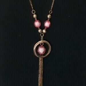 Opera Necklace Pink Beads Chain Gold Tassel 33”